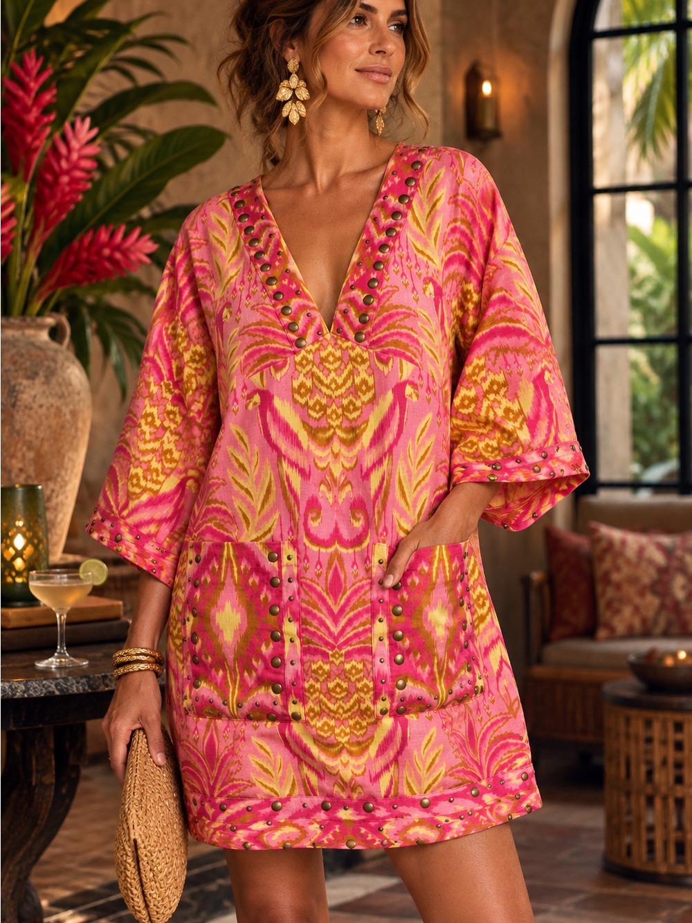 FARM Rio Pineapple Tapestry Studded Linen Tunic Mini Dress Pink Boho Resort
